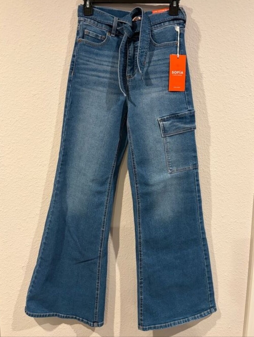 NEW Sofia Vergara Womens Medium Wash Blue Denim Wide Leg Cargo Belted Jeans 2